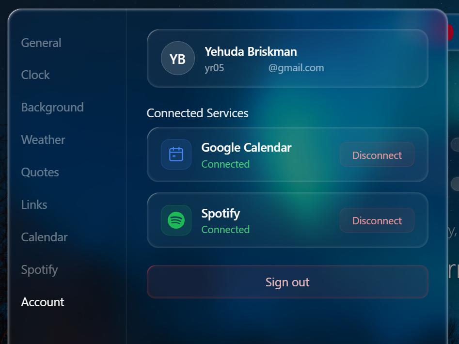 WindoM account settings showing Google Calendar and Spotify connected