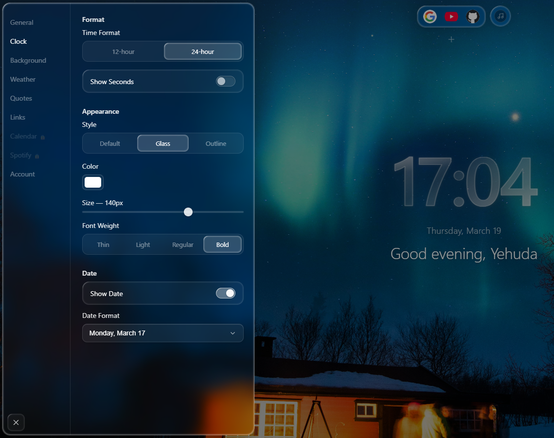 WindoM settings panel open, showing clock style, size, and date format controls