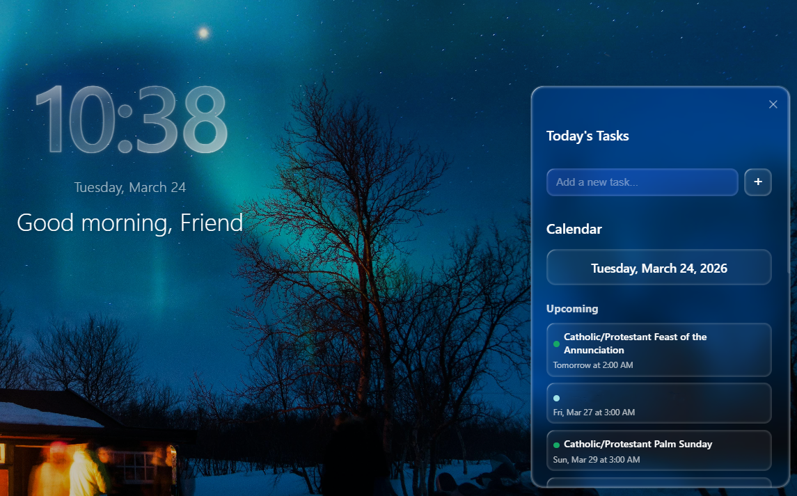 WindoM sidebar showing today's tasks and upcoming calendar events